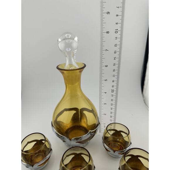 Vintage Farber Brothers Amber Glass Chrome Art Deco Decanter and 6 Glasses - Picture 7 of 9